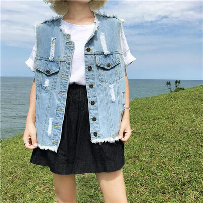 

Women Denim Vest Round Neck Sleeveless Buttons Pockets Distressed Frayed Holes Loose Boyfriend Casual Jacket