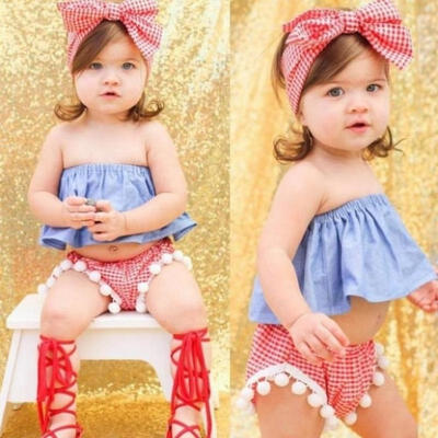 

3PCS Toddler Newborn Baby Girls Off Shoulder TopsShorts Pant Clothes Outfit Set