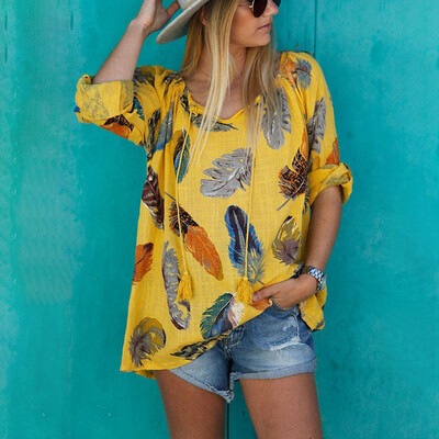 

Womens Summer Casual Tops Printed Loose Beach T Shirt Retro Round Neck Blouse