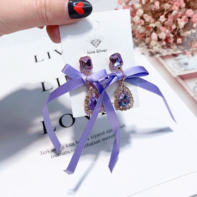 

Hot Korean New Trendy Jewelry Big Bowknot Water Drop 3 Colors Crystal Earrings For Women Personality Rhinestone Earrings