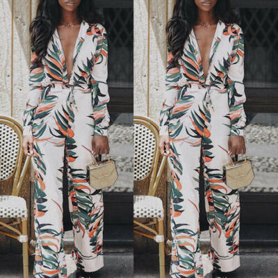 

Women Sexy Clubwear V Neck Printed Playsuit Bodysuit Jumpsuit Romper Trousers
