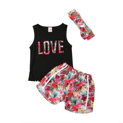 

3pcs Toddler Kids Baby Girls Love Tops VestFlower Shorts Outfits Set Clothes
