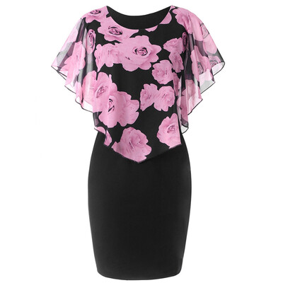 

Women Summer Rose Printing Overlay Capelet Slim Sleeveless Dress