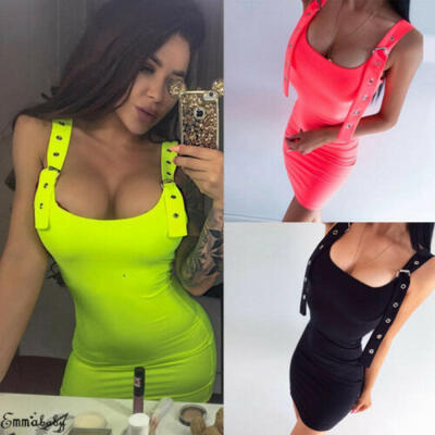 

Women Mini Dress Strappy Hip Skirt Fashion Plain Summer Party Bodycon Dress Hot
