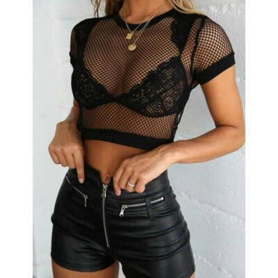 

Sexy Women Crop Top All Mesh Fishnet Short Sleeve Stretch Vest T Shirt Tops