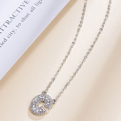 

Fashion Women 26 Double Sided English Alphabet Diamond Silver Color Necklace