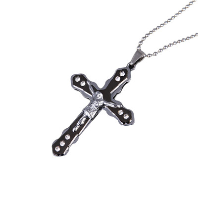 

Jesus Cross Rhinestone Inlaid Pendant Necklace Men Religious Faith Jewelry Gift