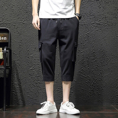 

Tailored Mens Summer Fashion Leisure Pure Color Pockets Linen Loose Calf-Length Pants