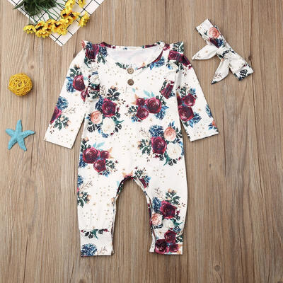 

Adorable Newborn Baby Girl Clothes Long Sleeve Flower Romper Jumpsuit Headband Outfit