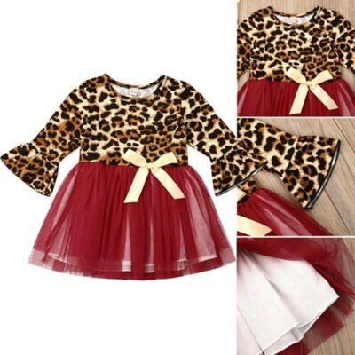 

Toddler Baby Girls One-Piece Leopard Patchwork Dress Flare Long Sleeve Tutu Dress