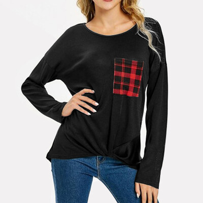 

Starmoon Womens T-shirt With Long Sleeves Twisted In Plaid Pocket With Round Blouses
