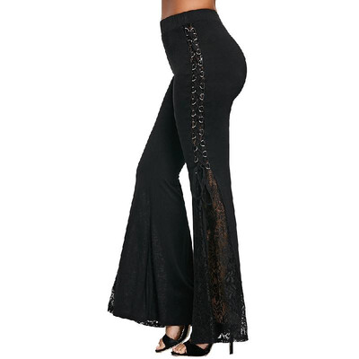 

Fashion Women Lace Flared Pants Lace-Up Bandage High Waist Solid Bell Bottom Long Trousers Black