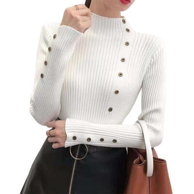

Women Autumn Knit Base Shirt Half High Collar Pure Color Slim Pullover Tops