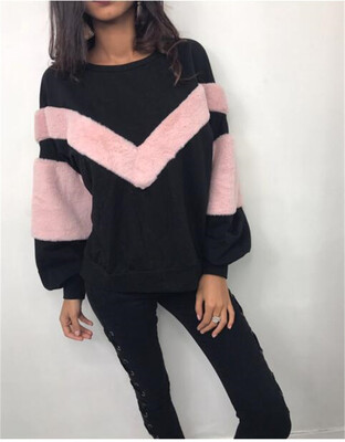 

New Women Fashion Loose Plush Stitching Sweatshirt Casual Autumn Winter Warm Sweater Pullover Tops