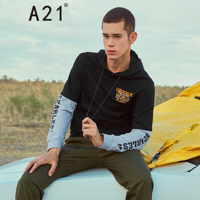 

A21 2018 autumn&winter new mens fake two hooded long-sleeved sweater mens hipster comfortable round neck color printing long-sleeved sweater 4731310006 flower ash 17588AL