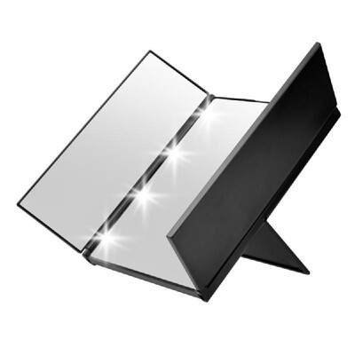 

Portable Makeup Mirror LED Illuminated Tote Pack Foldable Triple Mirror with Stand with Two CR2032 Batteries