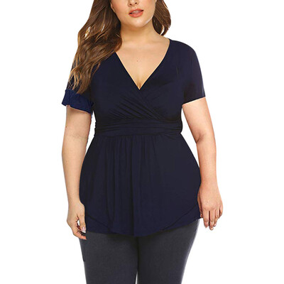 

Starmoon Womens Plus Size V Neck Wrap Front Drape Summer Tops Pleated Waist Shirt Blouse