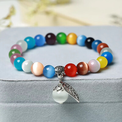 

10 Colors Cat Eye Stone Beads Charm Bracelets & Bangles Handmade Leaf Pendant Bracelet Crystal Jewelry Gifts