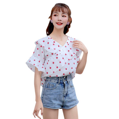 

Fashion Polka Dot Printed Blouses Women Short Sleeve V Neck Temperament Chiffon Shirt Summer Casual Women Tops