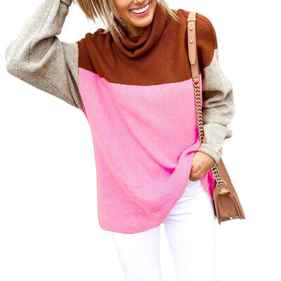 

Women Long Sleeve High Collar Hit Color Stitching Knitted Loose Autumn Tops