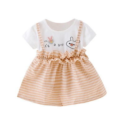 

0-24M 1PC Children Baby Summer Girls Cute Plaid Fake Two Piece Bottoming Short Sleeved Sweet Casual Princess Dress