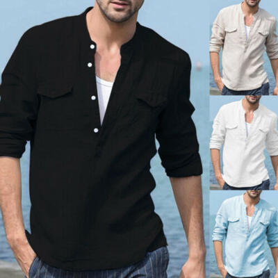 

Mens Linen Long Sleeve Shirt Slim Fit Summer Loose Casual V-Neck T-Shirts Tops