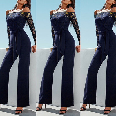 Womens Casual Lace Sleeve Off Shoulder Jumpsuit Bodycon Playsuit Evening Party Club Long Pants Trousers Romper Bodysuit