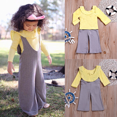 

Toddler Baby Girls Ruffles Backless Tops Striped Suspender Pants Outfits Set