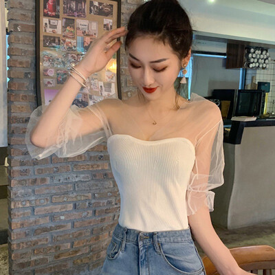

Sexy Mesh See Through Lantern Long Sleeve Crop Tops Spring Women Backless Patchwork Slim V-Neck T-Shirt Tees