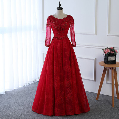 

Evening Dress 2018 The Bride Wine Red Lace Banquet Transparent Long Sleeve V-neck Party Gown Prom Dress Vestido De Festa