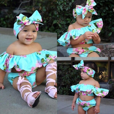 

Pretty Infant Baby Girl Off Shoulder Floral Ruffle Tops Romper Shorts Sunsuit Outfits Set