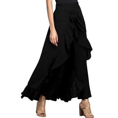 

Women Wide Leg Pants Ruffle Irregular Skirt High Waist Lace Up Loose Trouser