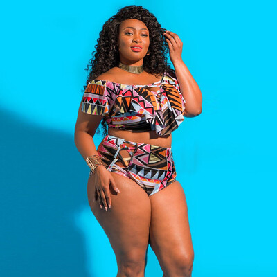 

Roseonmyhand Two Piece Plus Size Swimwear Women Printed Bathing Ruffle Swimsuit Beachwear