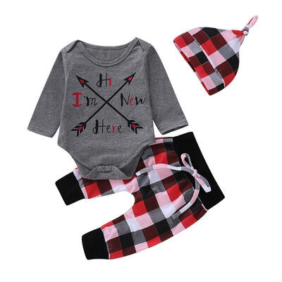 

3PCS Cute Newborn Baby Girl Boy Tops Romper Checks Pants Hat Outfits Set Clothes