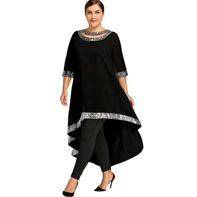 

Plus Size Sequined Trim Dip Hem Dress