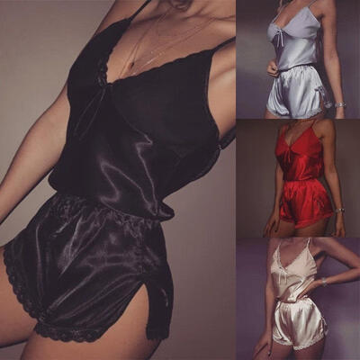

2Pcs Women Sexy Pajamas Silk Pijamas Sleepwear Deep V Sling Lingerie Sleepwear Set Nightwear