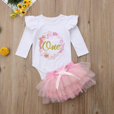 

US Infant Baby Girls First Birthday Outfits Clothes RomperTulle Short Pants Set