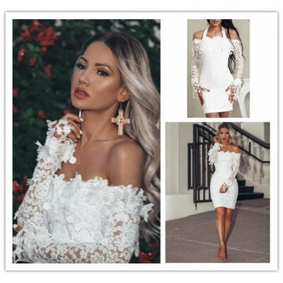 

Women Long Sleeve Off Shoulder Lace Dress Bandage Bodycon Evening Party Cocktail Dress