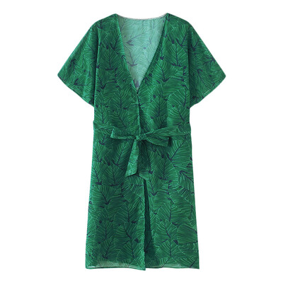 

Women Bikini Kimono Floral Leaves Print Open Front Waist Tied Bow Maix Gown Casual Tropical Cover Up