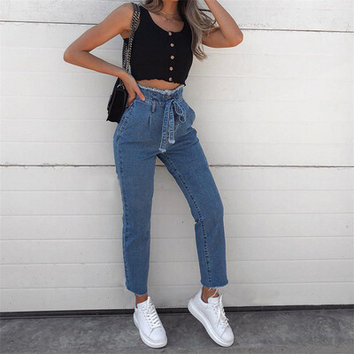 

〖Follure〗Women Hight Waisted Loose Bow Bandage Hole Denim Jeans Stretch Pants Jean