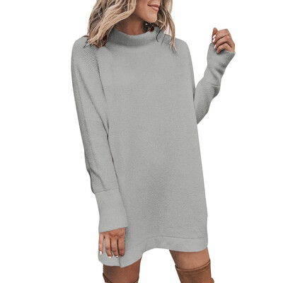 

Women Autumn Stylish Solid Color High Collar Long Sleeve Loose High Collar Elegant Sweater Dress