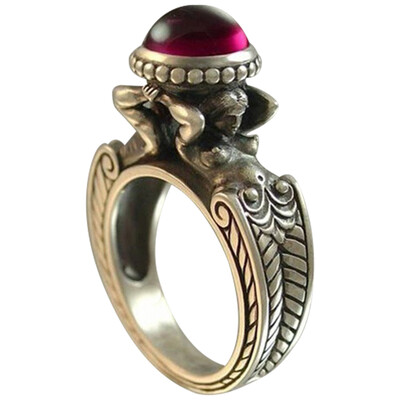 

Vintage Round Ruby Two Mermaids Rings Bride Wedding Engagement Jewelry