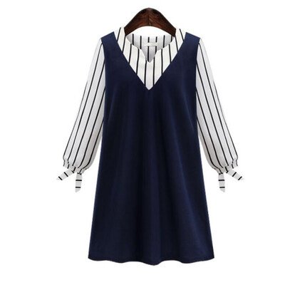 

Plus Size Striped Long Sleeve Splicing Dress