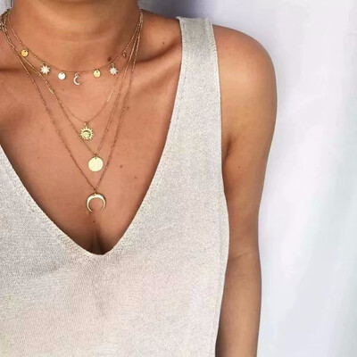 

Multilayer Crystal Cross Necklace Ladies Retro Shell Choker Necklace Round Pendant Necklaces For Women Party Jewelry Accessories