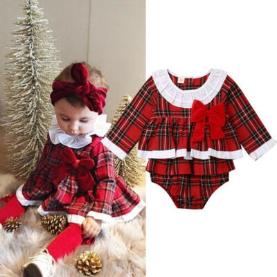 

UK Xmas Toddler Baby Girl Christmas Romper Dress Bodysuit Plaid Outfit Clothes