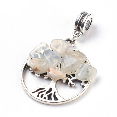 

Natural Moonstone European Dangle Beads with Tibetan Style Alloy Pendants&Hangers Iron Jump Rings Flat Round with Tree