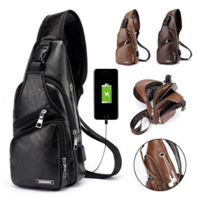

Mens Shoulder Bag Sling Chest Pack Leather USB Charging Sport Crossbody Handbag