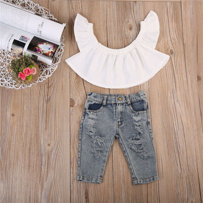 

Toddler Kids Baby Girls Off Shoulder Tops Hot Denim Pants Outfits Clothes