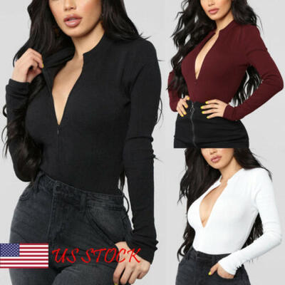 

Women Ladies T-shirt Jumpsuit Romper Bodysuit Stretch ZIP UP Long Sleeve Tops US