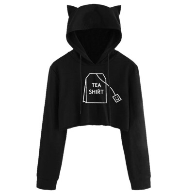 

Womens Printed Long Sleeve Jumper Hooded Loose Casual Hoodie Cat ear Cosy Polyester harajuku black moletom